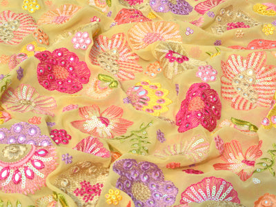 Light Lemon Yellow Floral Sequins Embroidered Faux Mirror Viscose Georgette Fabric