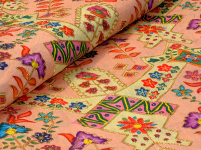 Light Peach Multicolour Traditional Digital Print Zari Embroidered Mulberry Silk Fabric