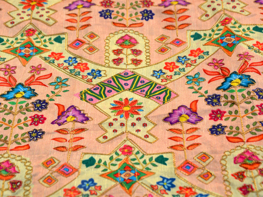 Light Peach Multicolour Traditional Digital Print Zari Embroidered Mulberry Silk Fabric