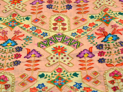 Light Peach Multicolour Traditional Digital Print Zari Embroidered Mulberry Silk Fabric