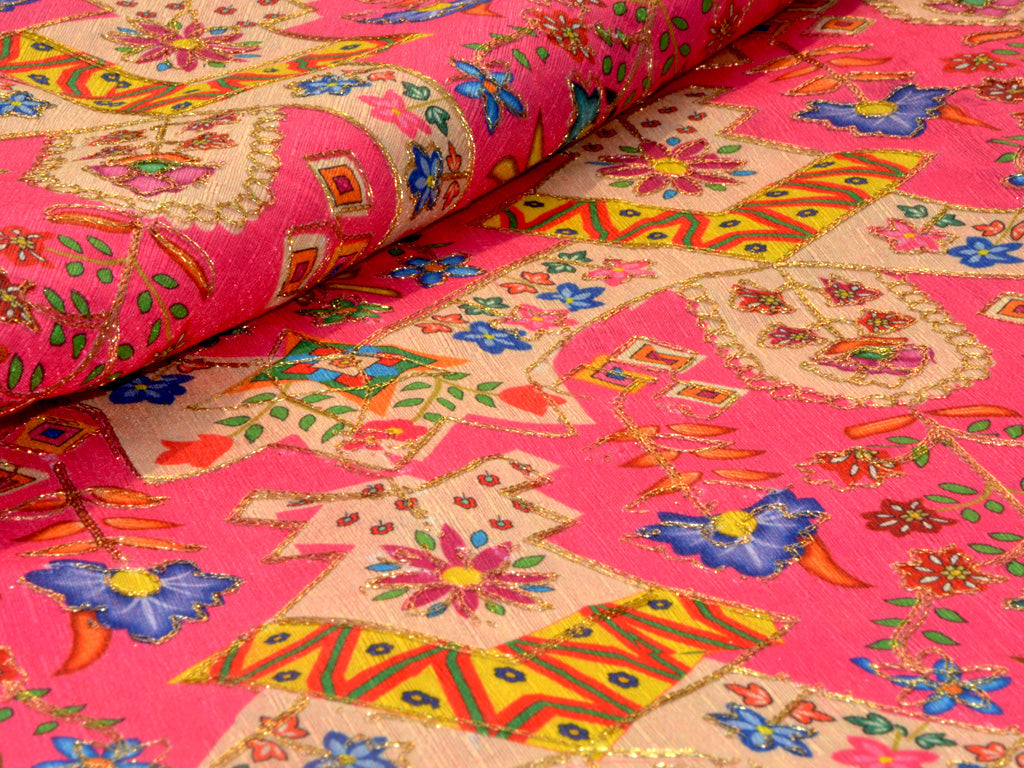 Rani Pink Multicolour Traditional Digital Print Zari Embroidered Mulberry Silk Fabric