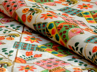 White Multicolour Traditional Digital Print Zari Embroidered Mulberry Silk Fabric