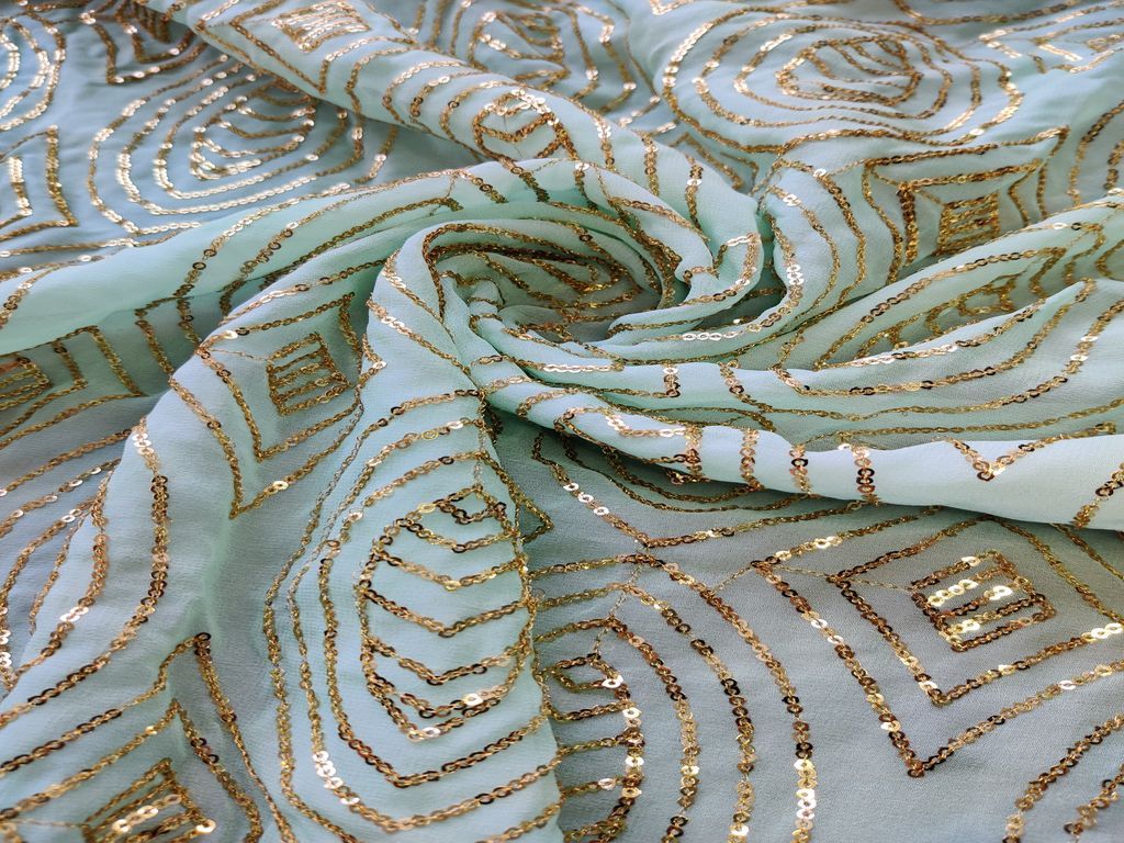 Mint Green Abstract Embroidered Georgette Fabric (Wholesale)