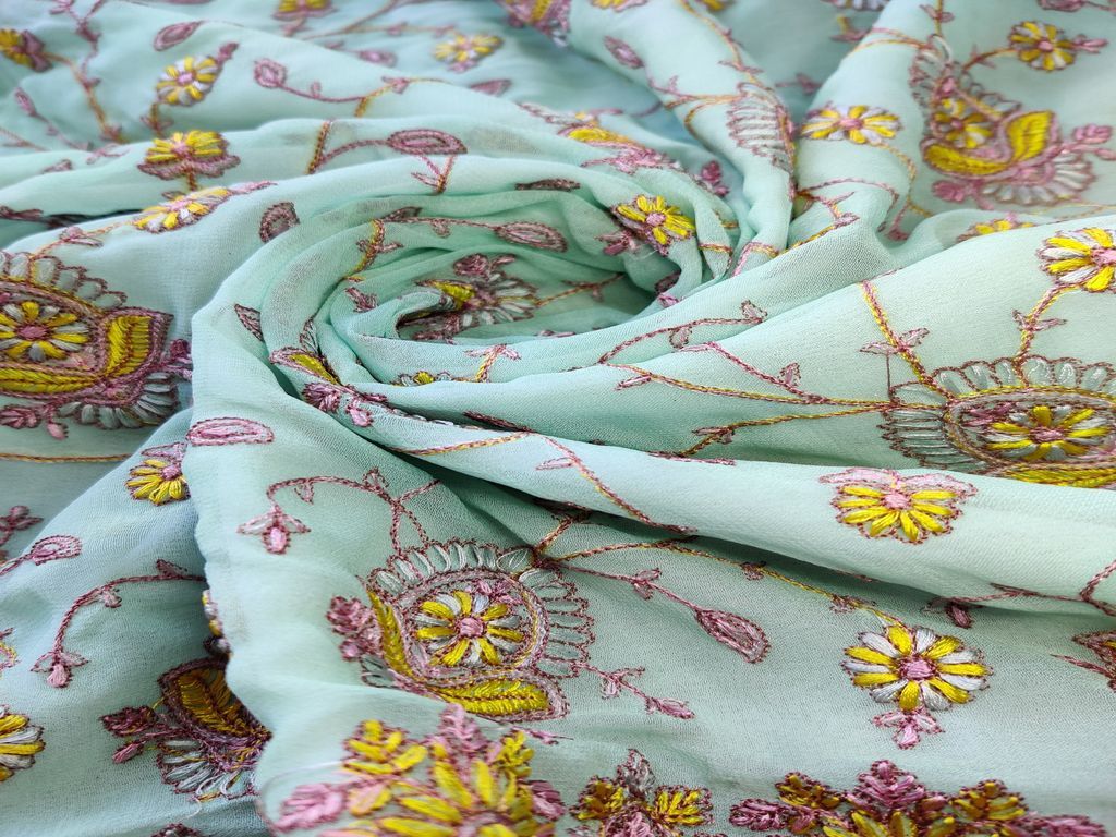 Mint Green Floral Embroidered Georgette Fabric (Wholesale)