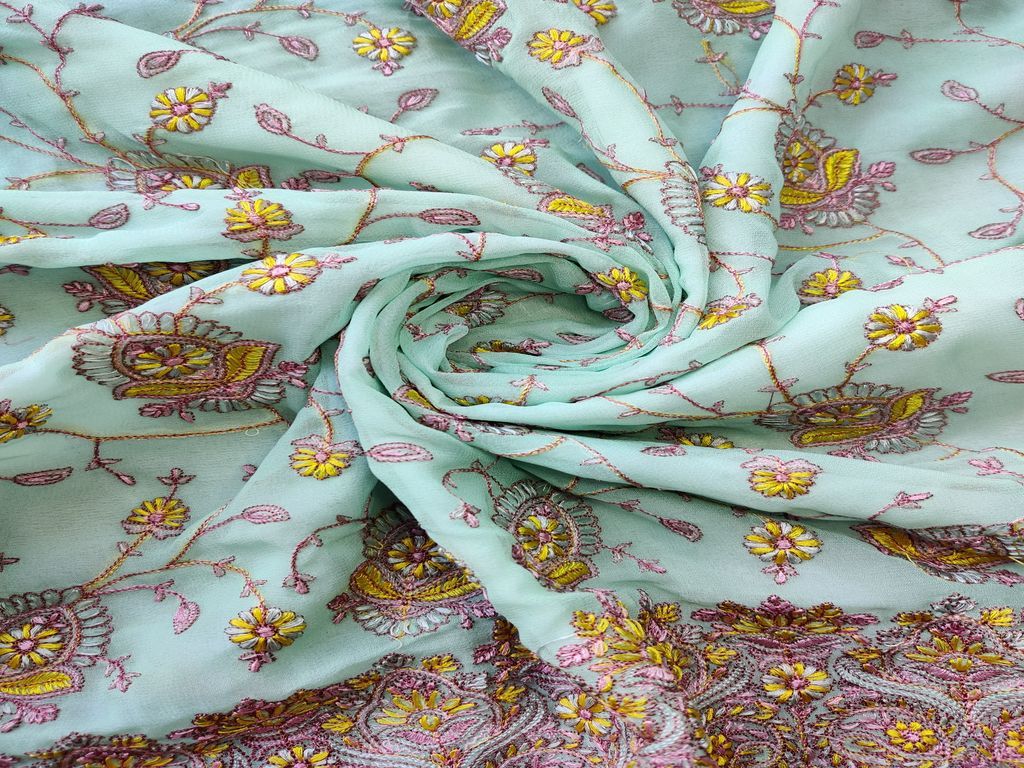 Mint Green Floral Embroidered Georgette Fabric (Wholesale)