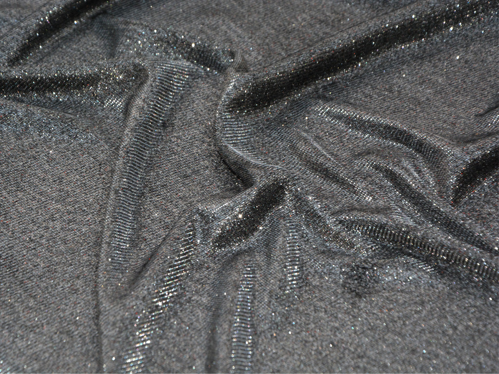 Jet Black & Silver Plain Metallic Shimmer Interlock Bonding Fabric