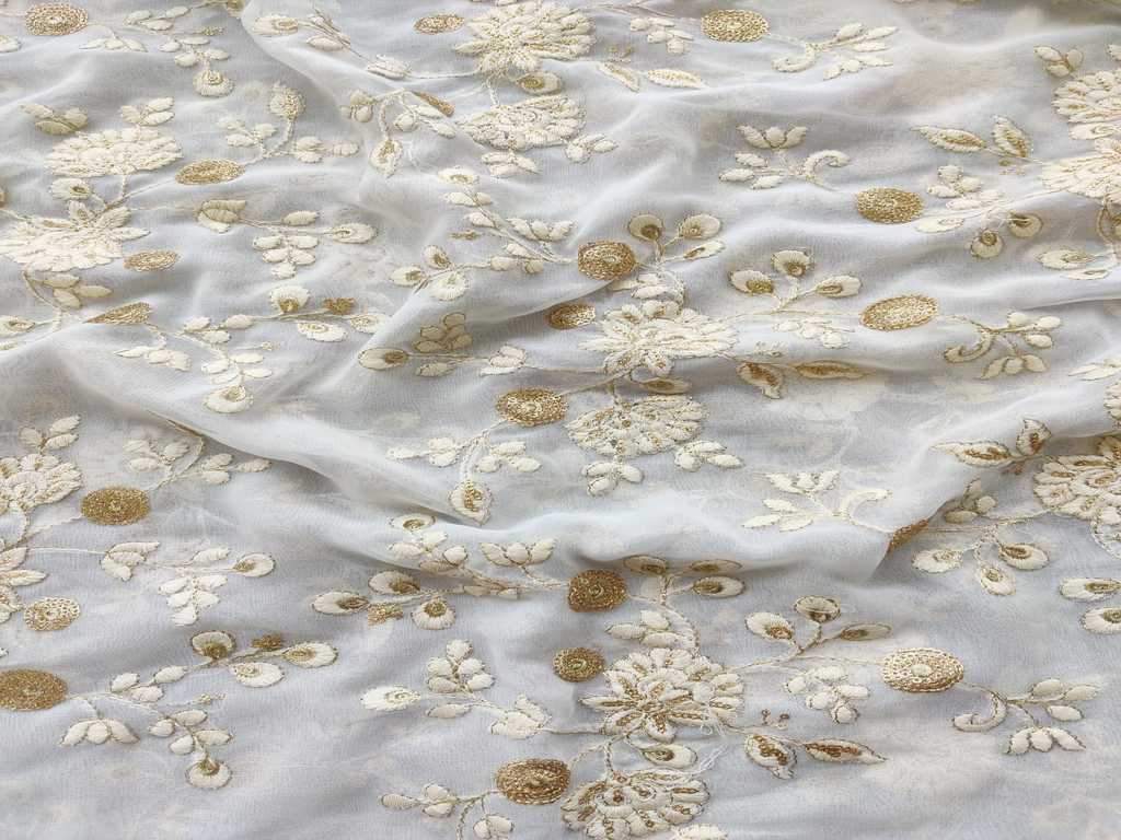 White & Golden Floral Dyeable Sequins Lakhnawi Embroidered Pure Georgette Fabric (Wholesale)