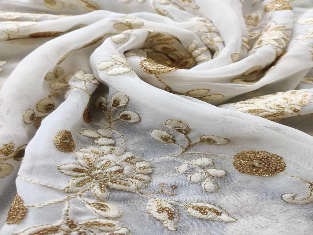 White & Golden Floral Dyeable Sequins Lakhnawi Embroidered Pure Georgette Fabric (Wholesale)