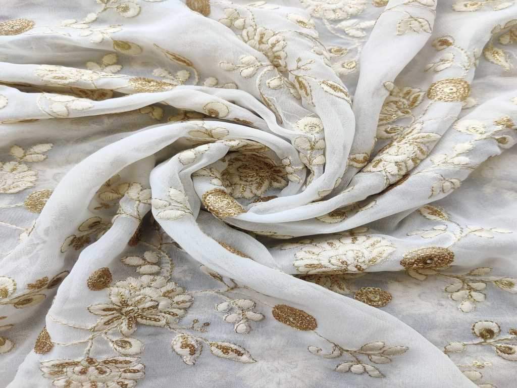 White & Golden Floral Dyeable Sequins Lakhnawi Embroidered Pure Georgette Fabric (Wholesale)