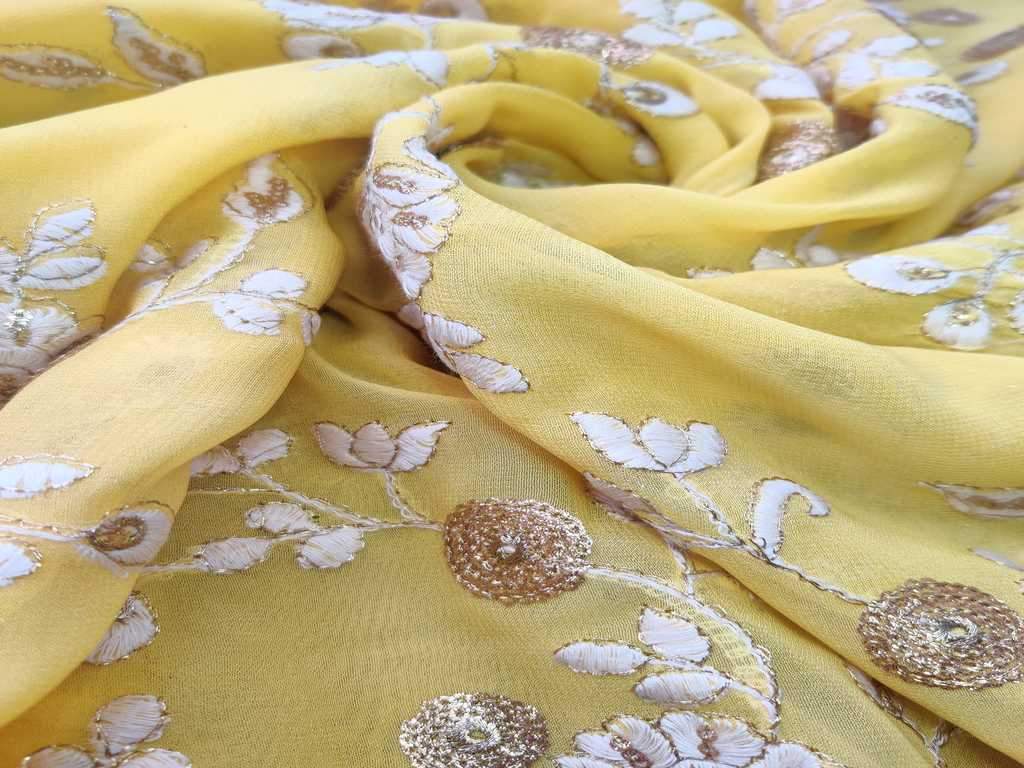 Yellow Floral Embroidered Georgette Fabric (Wholesale)