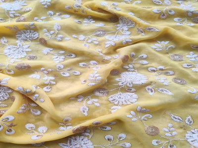 Yellow Floral Embroidered Georgette Fabric (Wholesale)