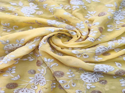 Yellow Floral Embroidered Georgette Fabric (Wholesale)