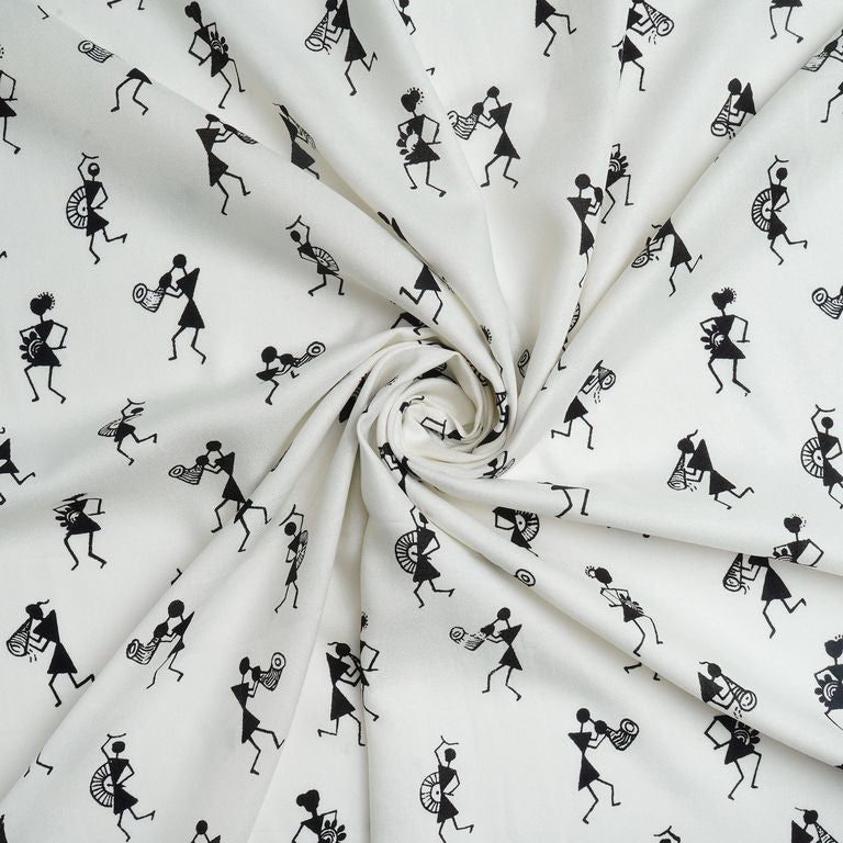 White & Black Quirky Printed Cotton Rayon Fabric