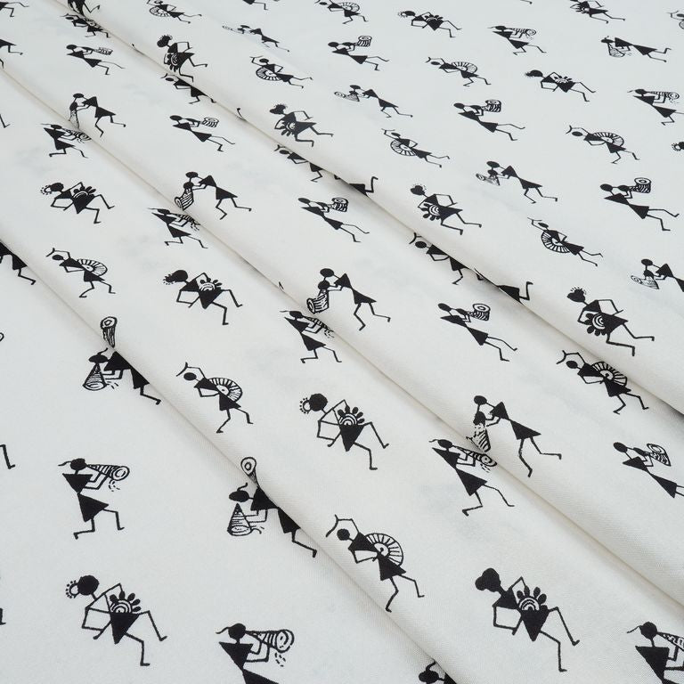 White & Black Quirky Printed Cotton Rayon Fabric