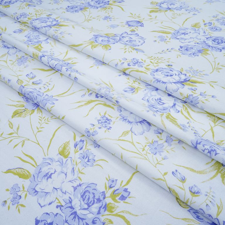 Royal Blue & Green Floral Printed Cotton Rayon Fabric