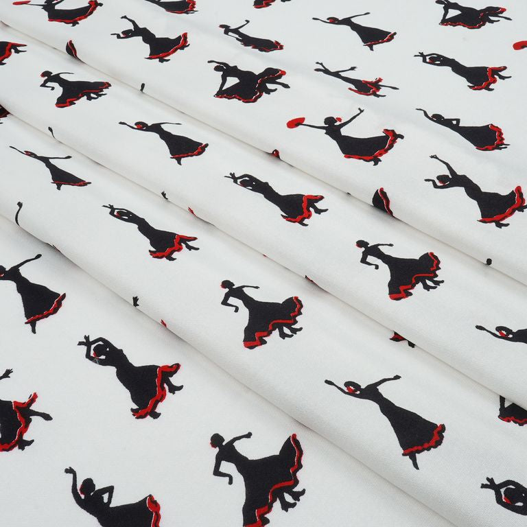 White Quirky Printed Cotton Rayon Fabric