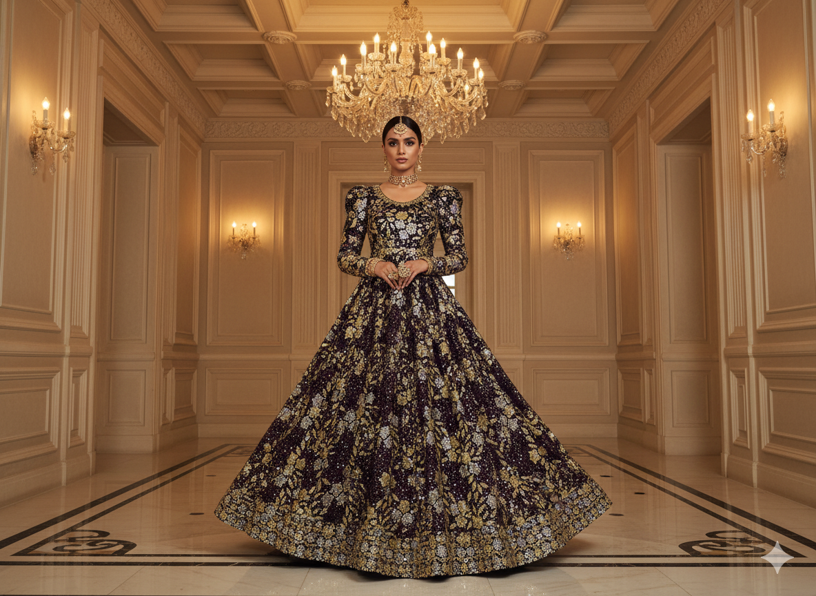 Black Dyed Viscose Georgette With Sequins Embroidered Fabric