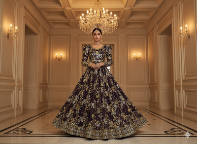 Black Dyed Viscose Georgette With Sequins Embroidered Fabric