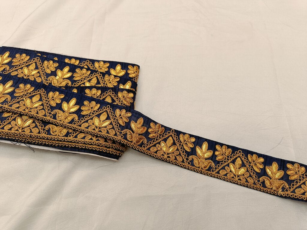 Navy Blue & Golden Gota Zari Chord Embroidered Border