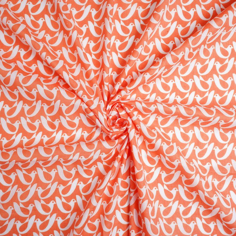 Peach & White Quirky Printed Pure Cotton Fabric