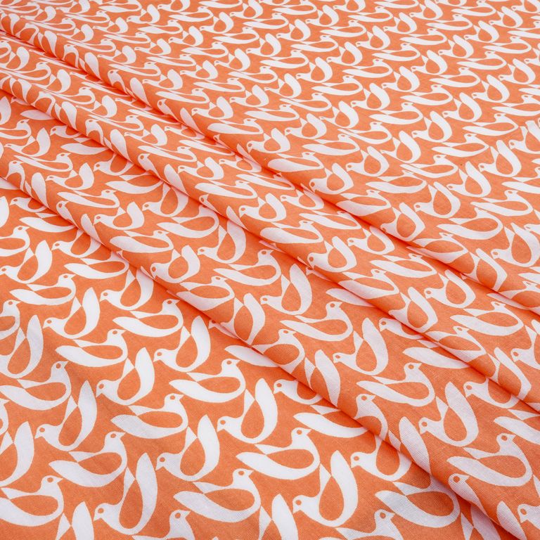 Peach & White Quirky Printed Pure Cotton Fabric