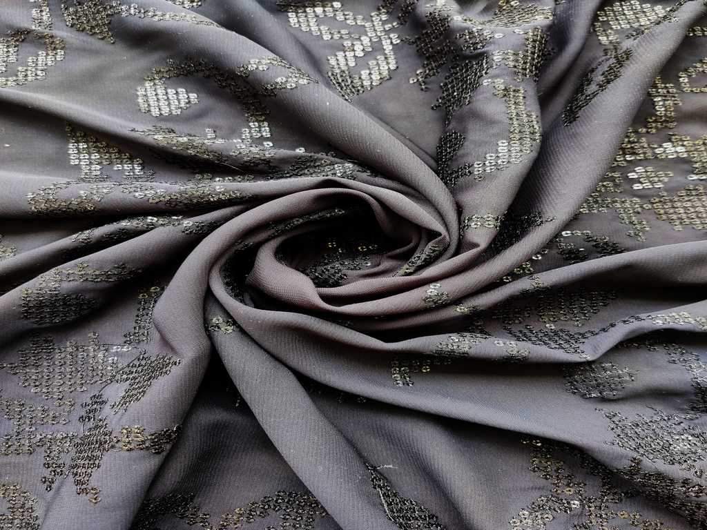 Black Floral Thread & Zari Work Embroidered Faux Georgette Fabric (Wholesale)