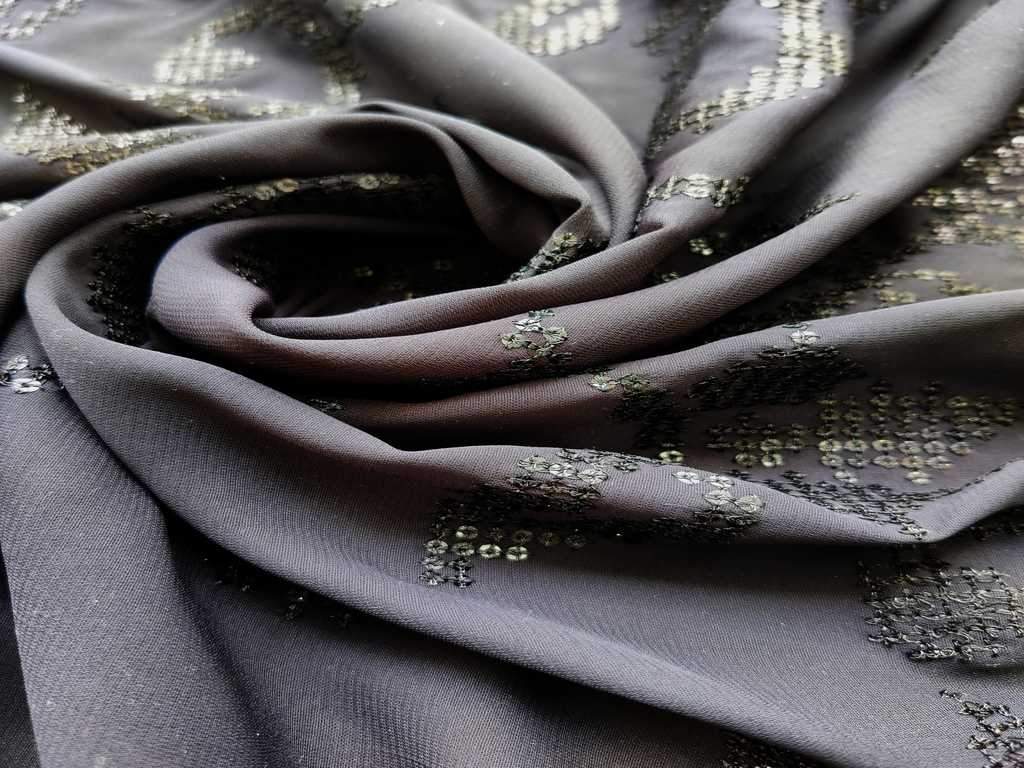 Black Floral Thread & Zari Work Embroidered Faux Georgette Fabric (Wholesale)