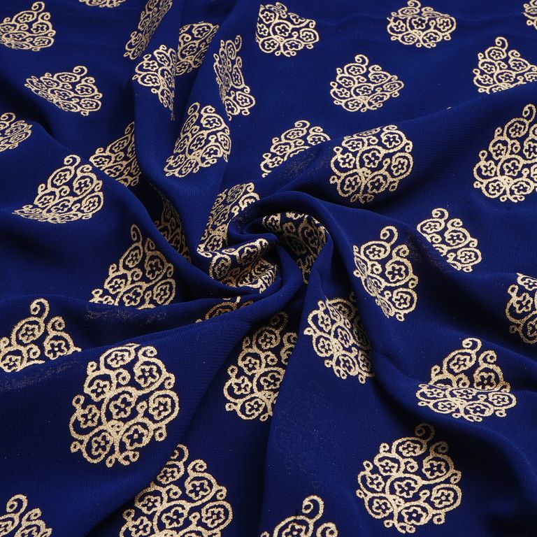 Midnight Blue & Golden Motif Faux Georgette Fabric