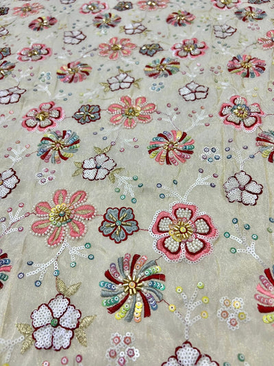 Multicolor Floral Sequins Embroidered Dyeable Heavy Hand Work Viscose Shimmer Tissue Fabric