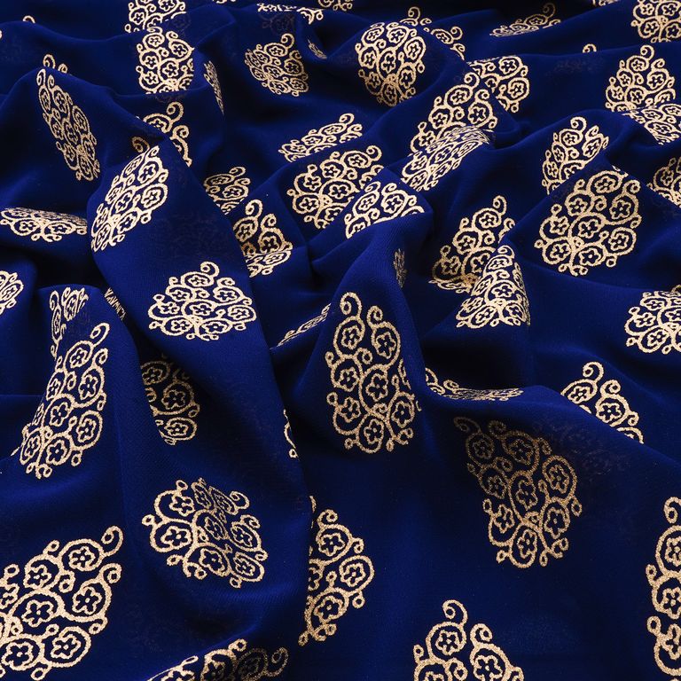 Midnight Blue & Golden Motif Faux Georgette Fabric