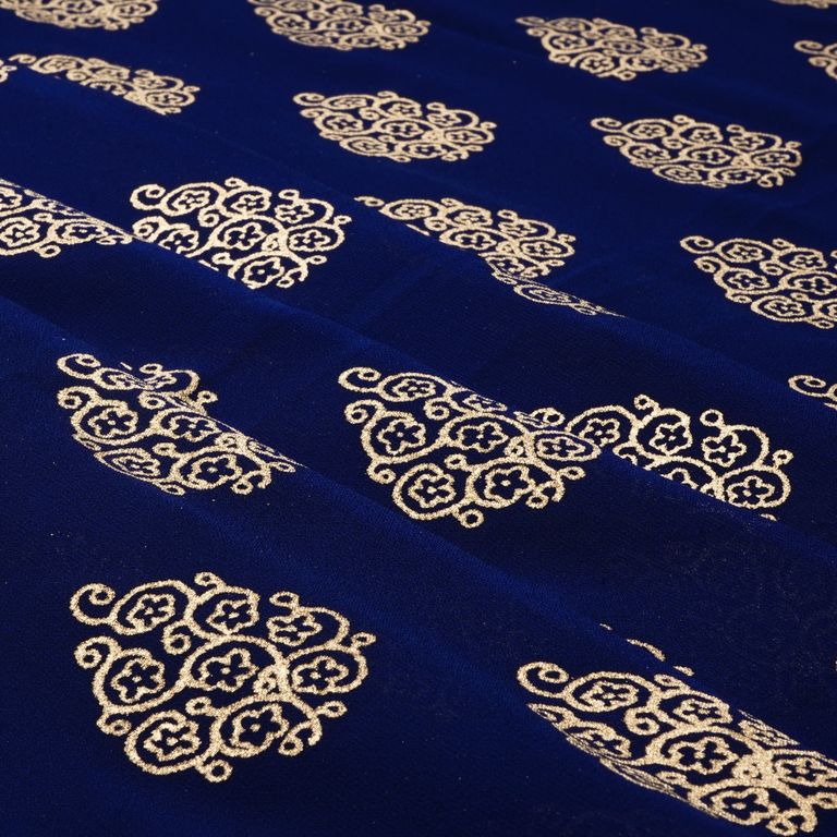 Midnight Blue & Golden Motif Faux Georgette Fabric