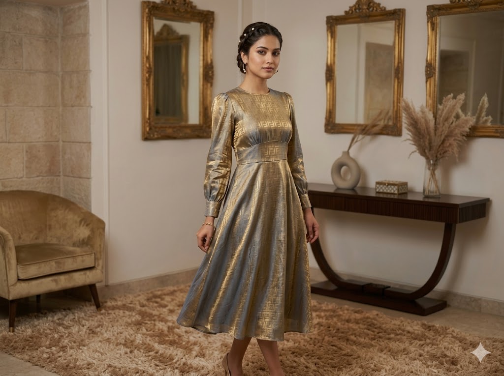 Bluish & Gold Dual Tone Plain Soft Fendi Silk Fabric