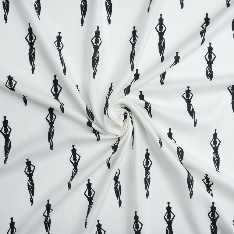 White & Black Quirky Printed Cotton Rayon Fabric