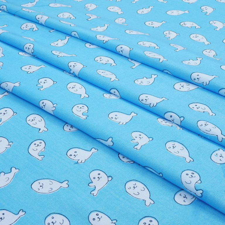 Blue & White Quirky Printed Cotton Rayon Fabric