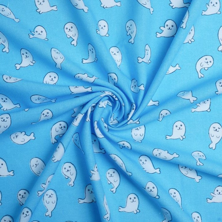 Blue & White Quirky Printed Cotton Rayon Fabric