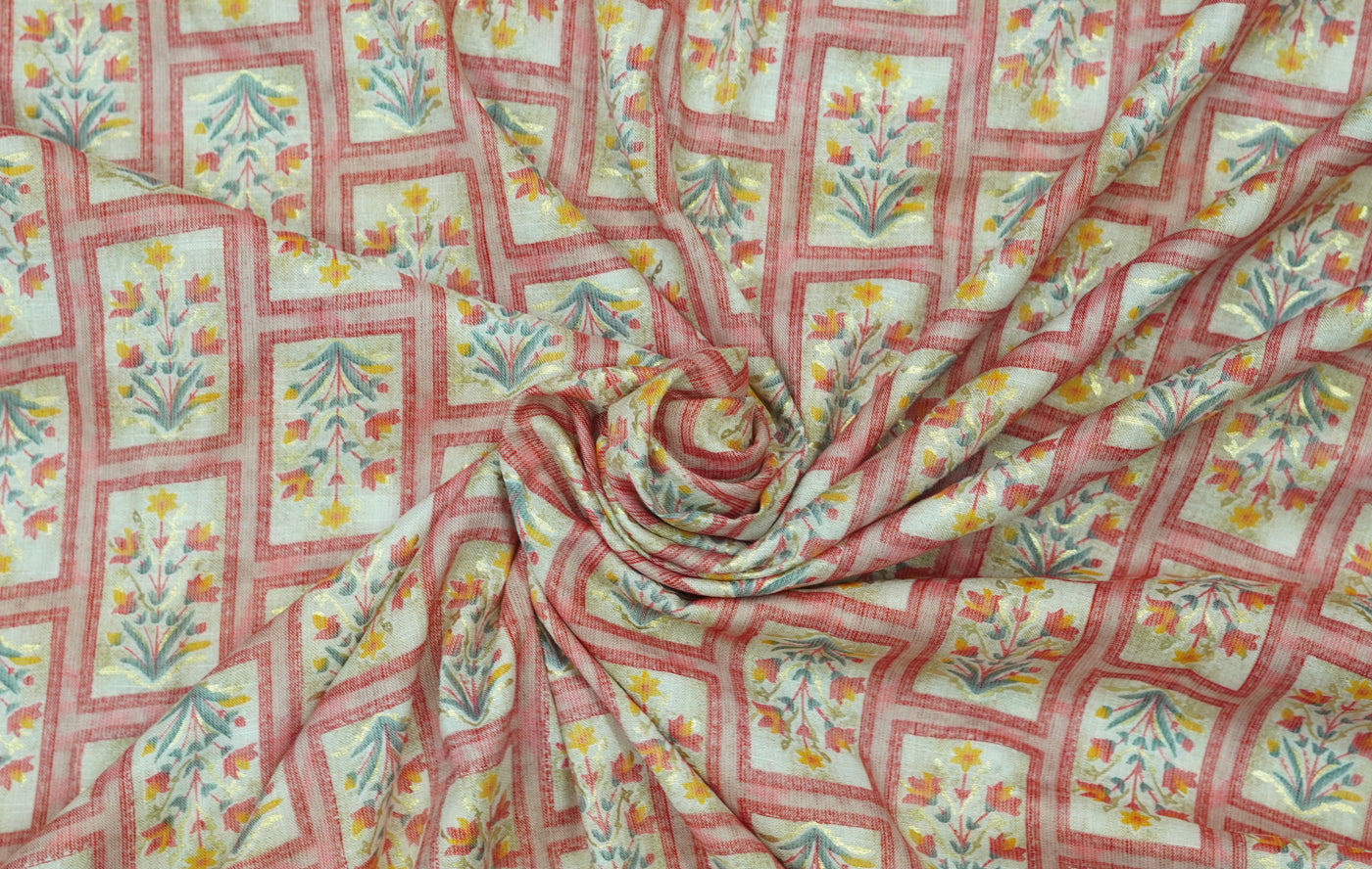 Pink Floral Printed Rayon Capsule Foil Fabric