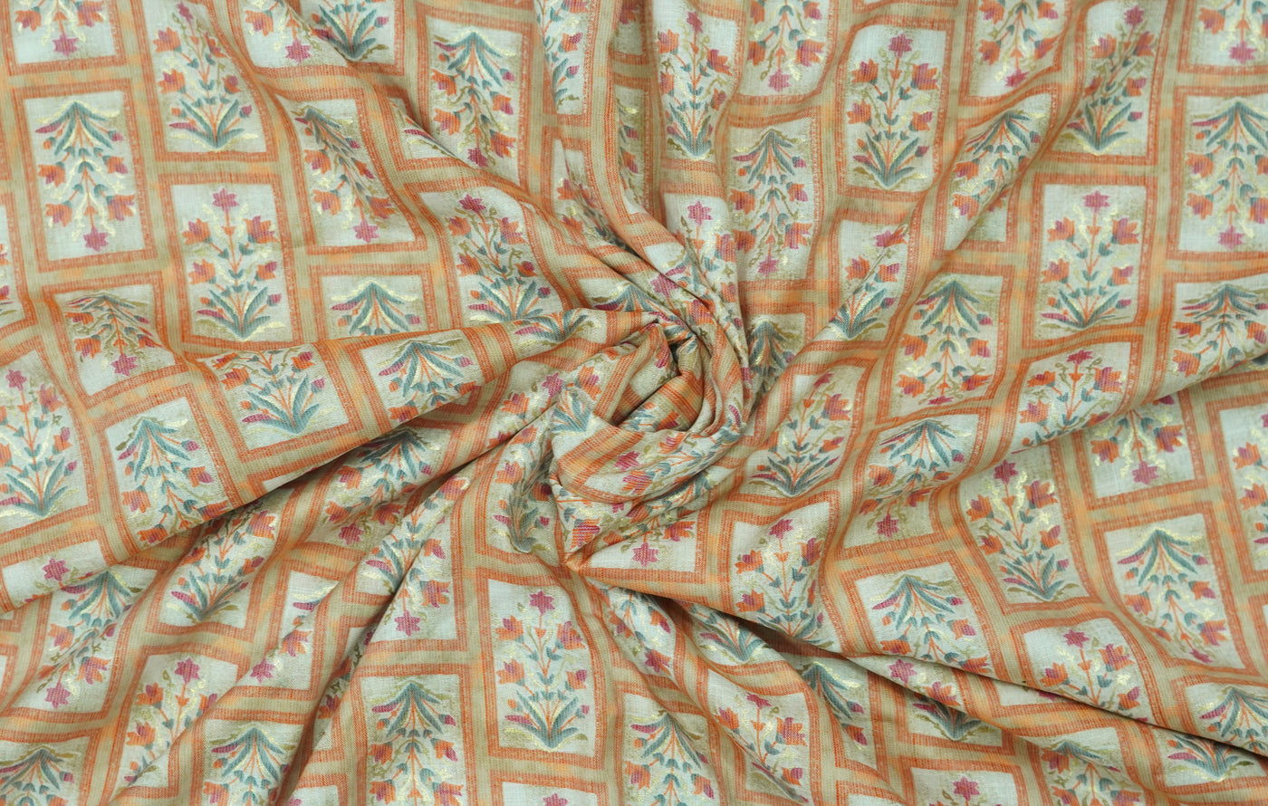 Peach Floral Printed Rayon Capsule Foil Fabric