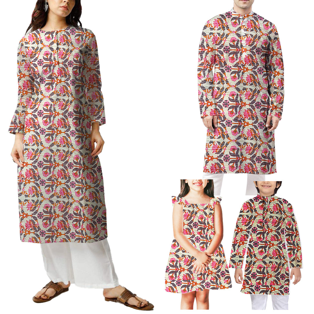 हल्का क्रीम पुष्प मुद्रित सूती कांथा कपड़ा