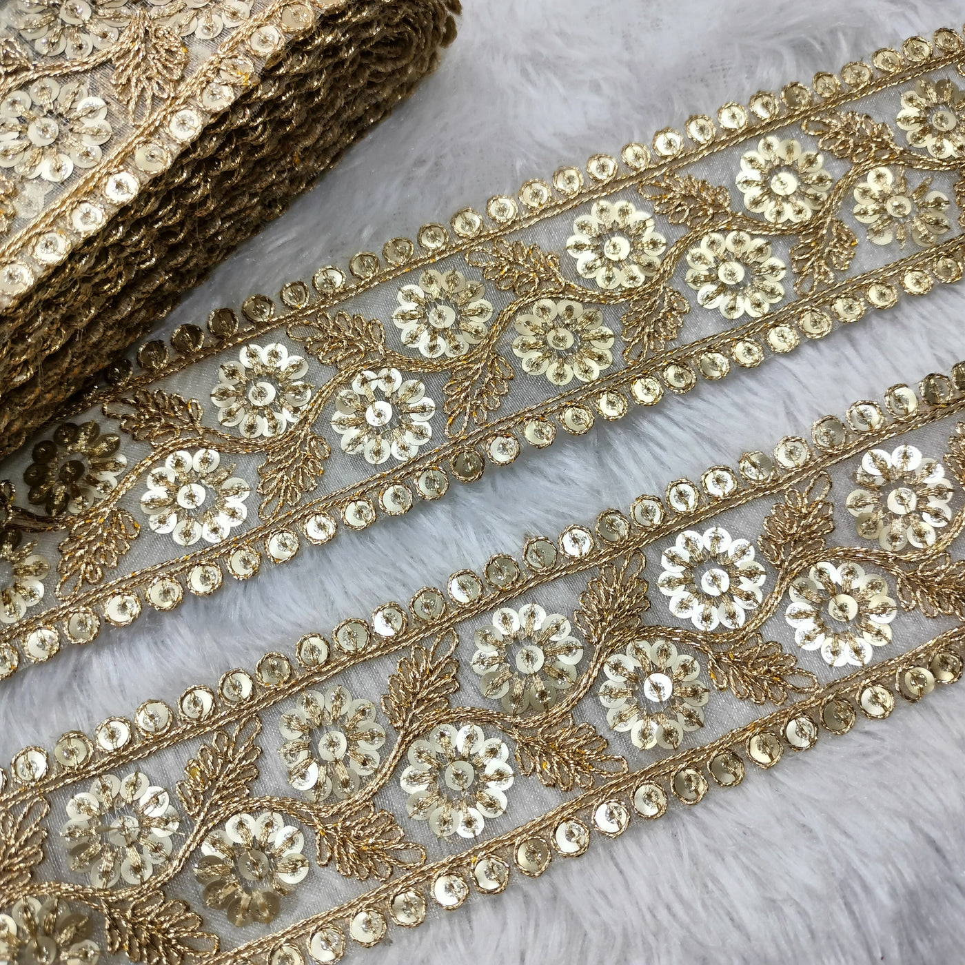 Golden Fancy Zari Sequins Work Embellished Trim