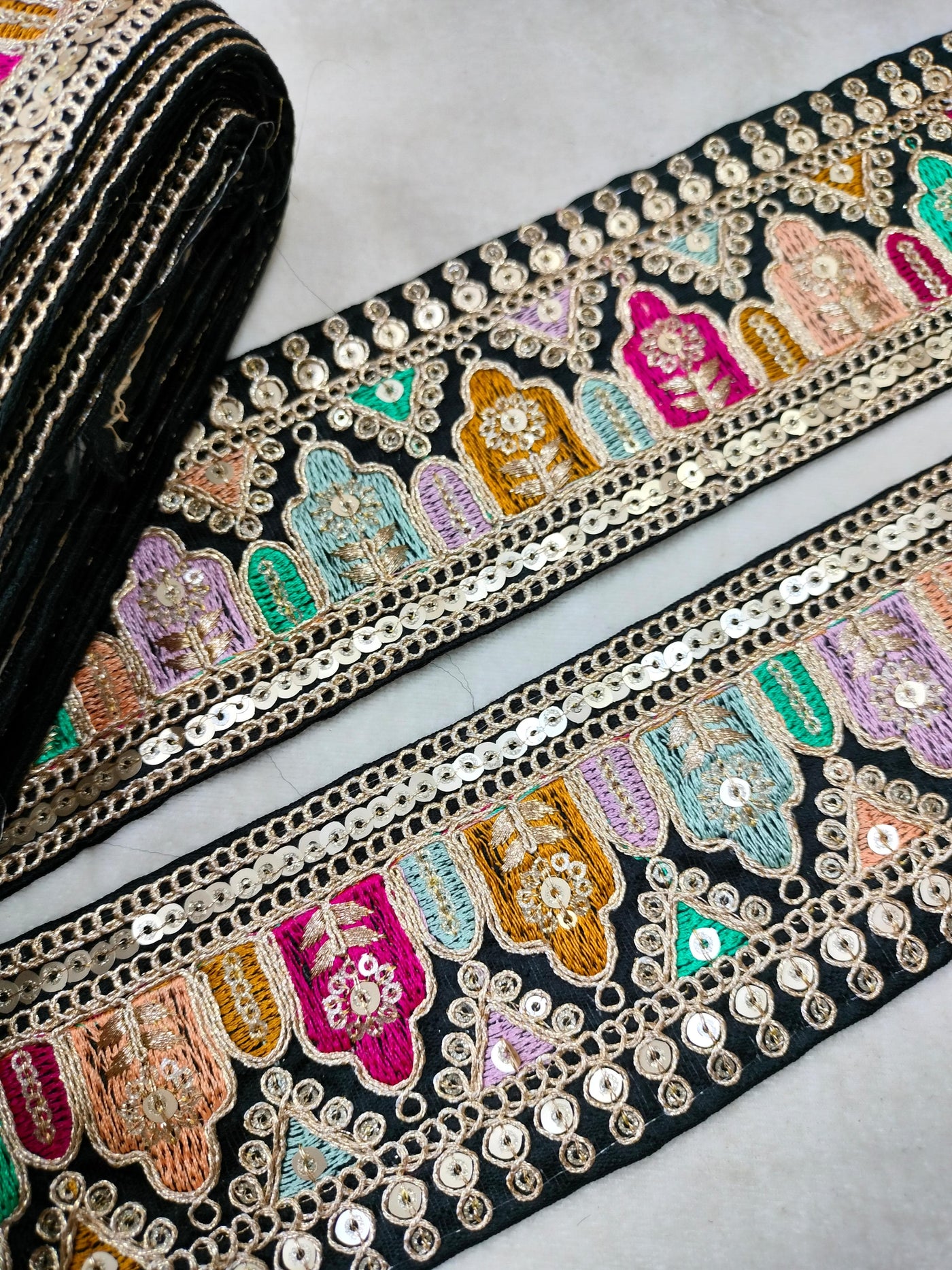 Black Multicolor Traditional Fancy Embellished Trim