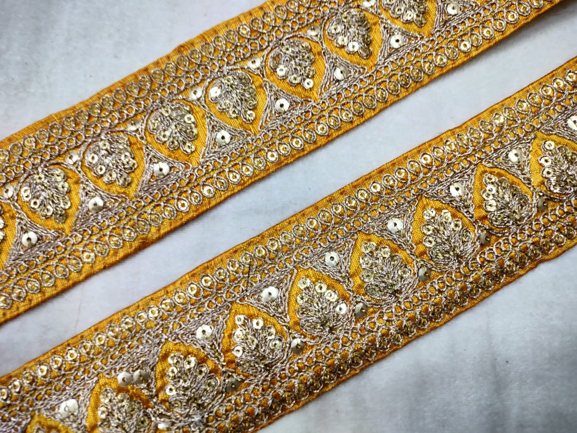 Yellow Fancy Sequins Trim Embroidered Border