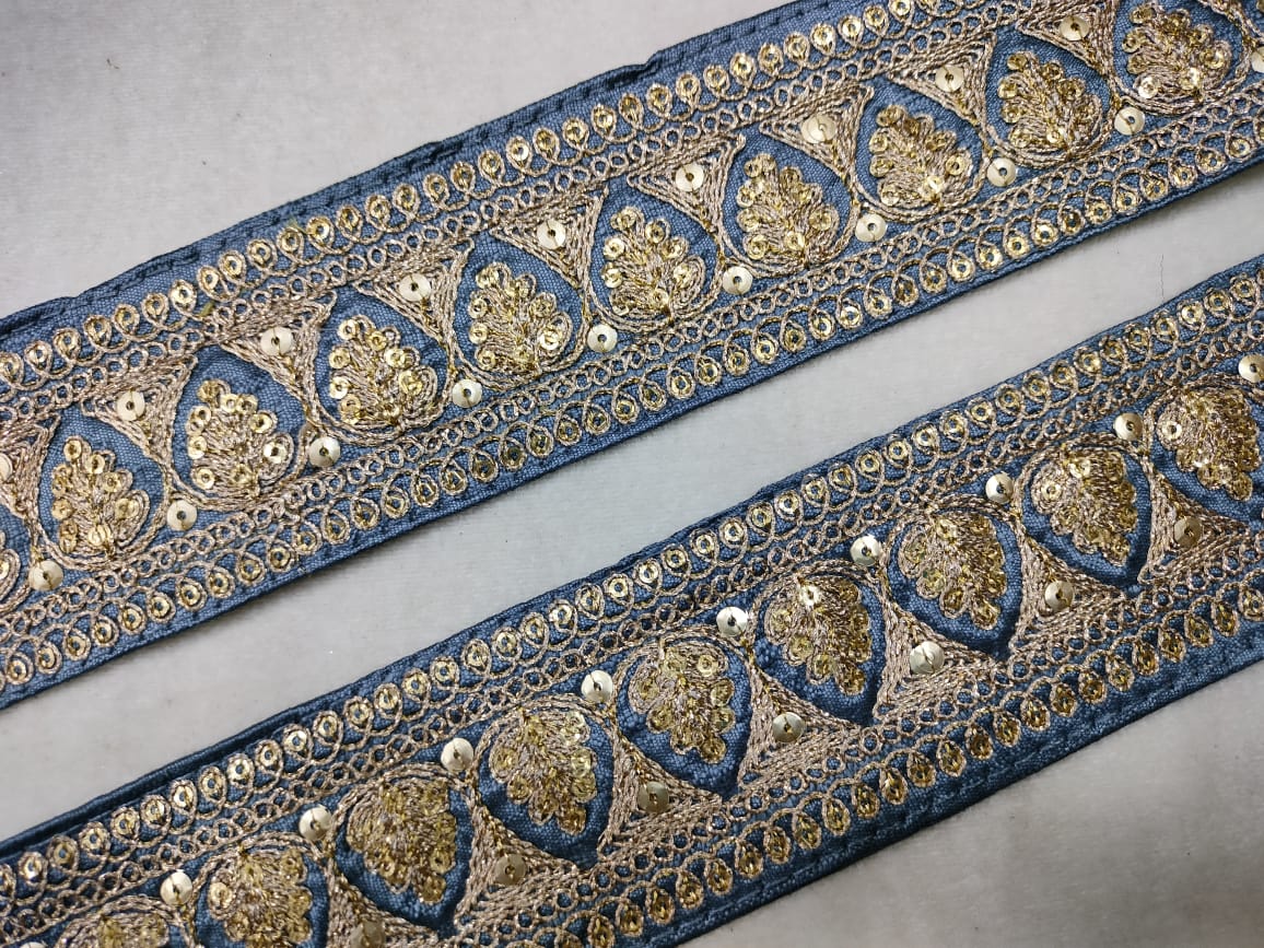 Blue & Golden Fancy Sequins Trim Embroidered Border