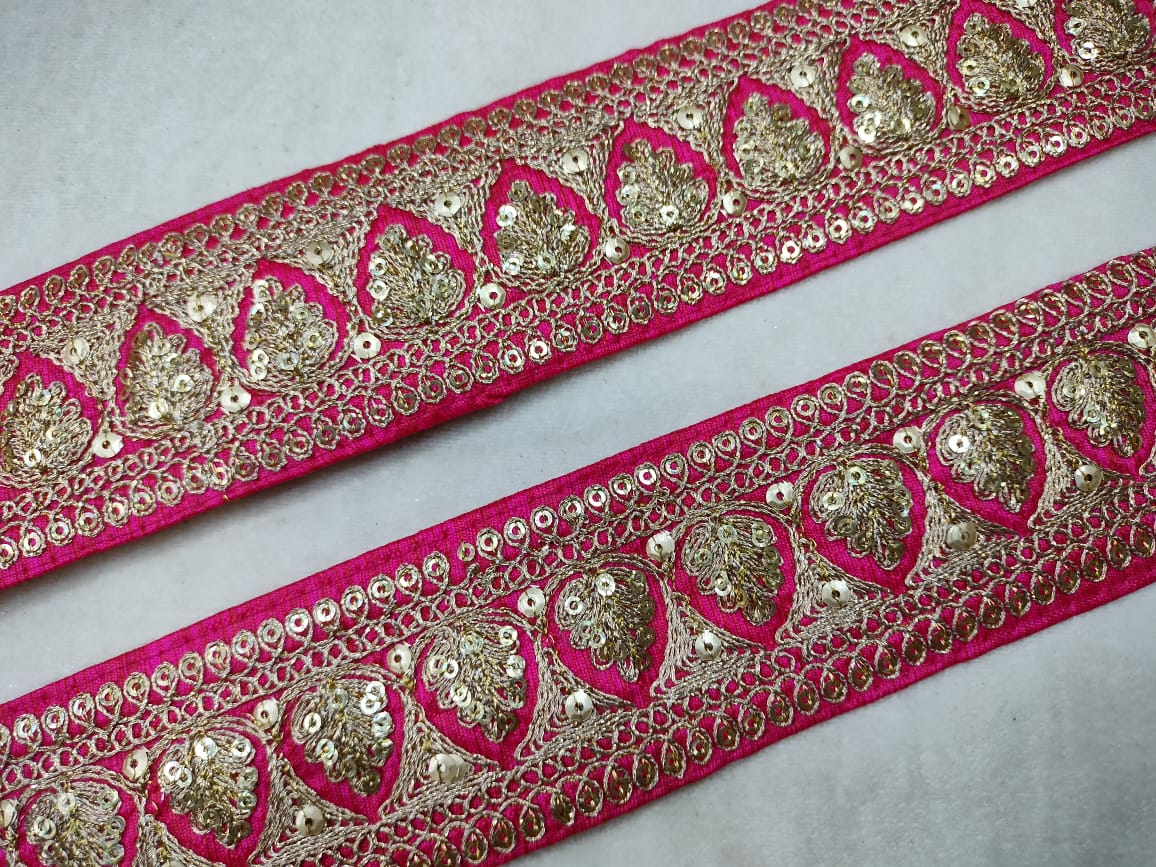 Rani Pink & Golden Fancy Sequins Trim Embroidered Border