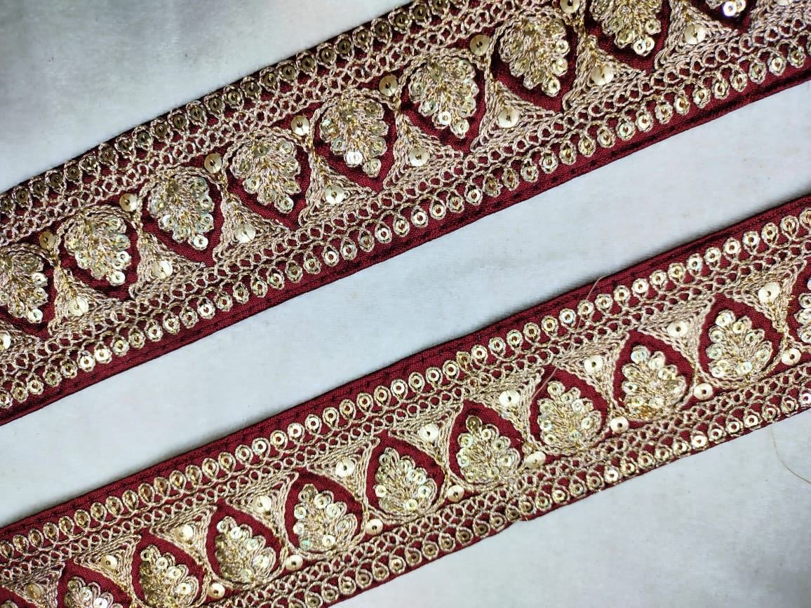 Dark Red & Golden Fancy Sequins Trim Embroidered Border