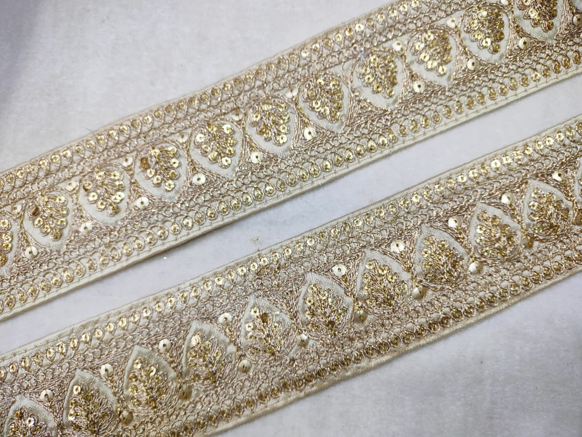 White & Golden Fancy Sequins Trim Embroidered Border