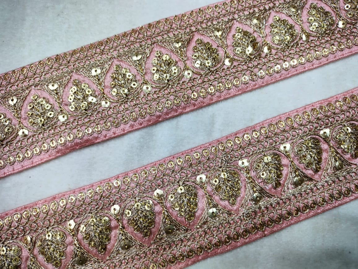 Pink & Golden Fancy Sequins Trim Embroidered Border