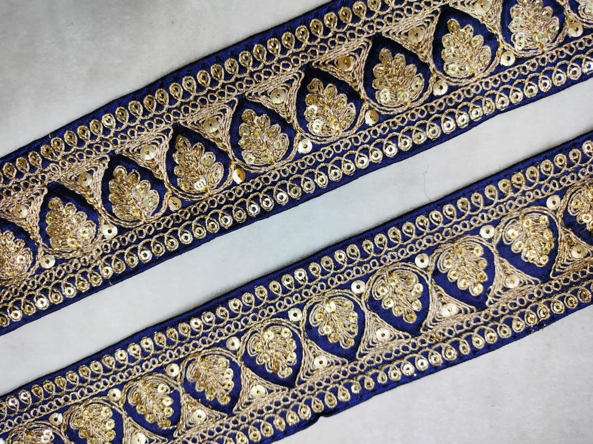 Blue & Golden Fancy Sequins Trim Embroidered Border