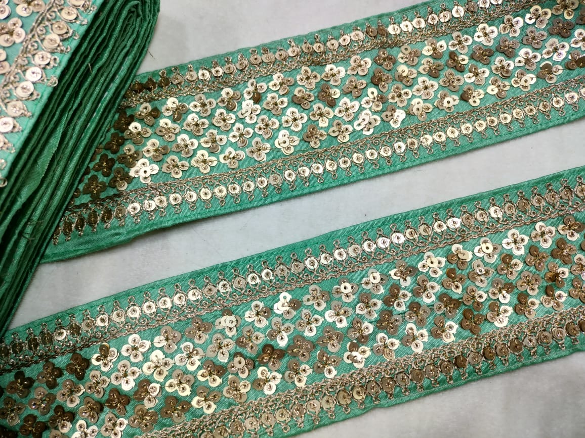 Green & Golden Sequins Lace Border