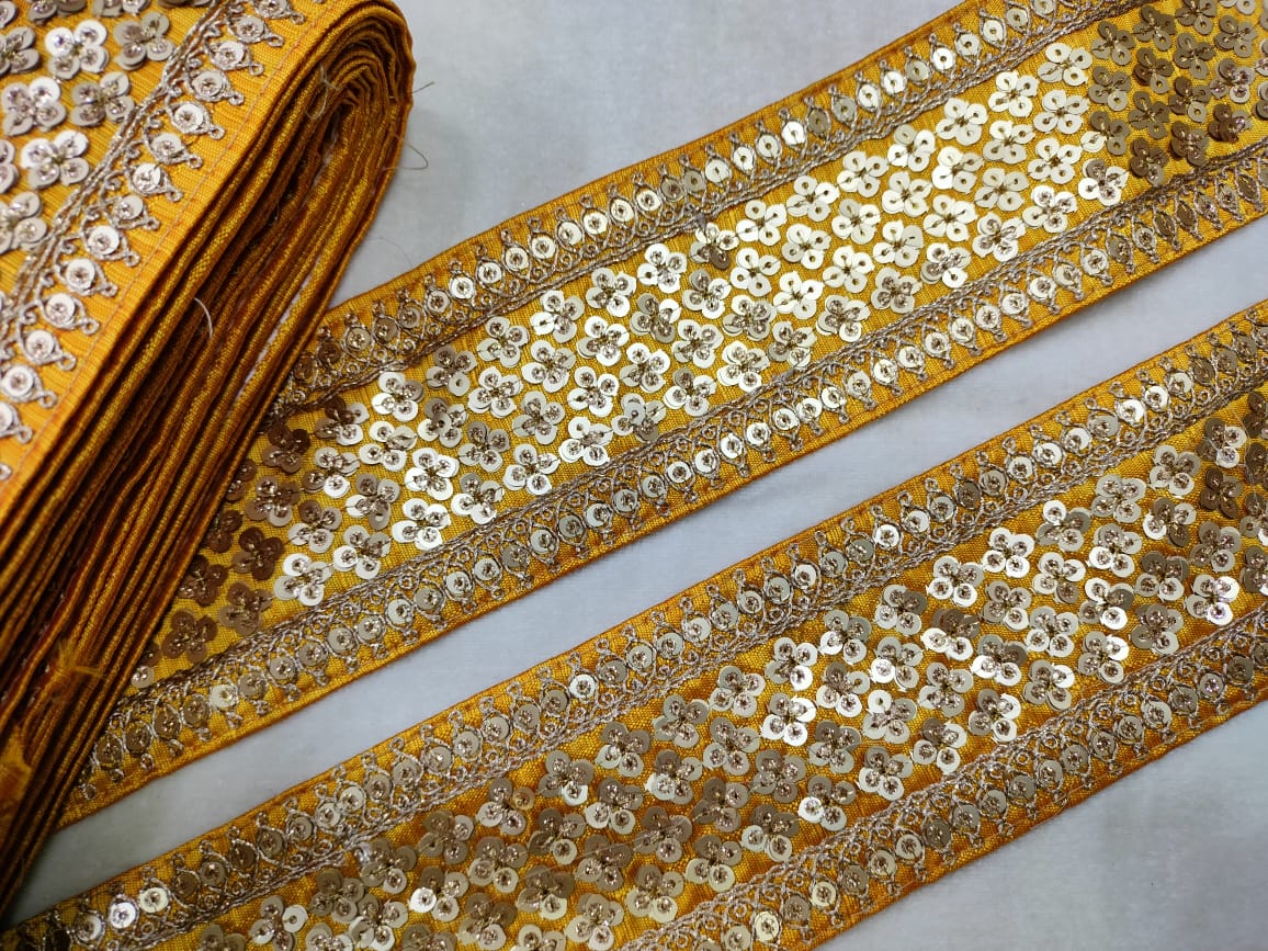 Yellow & Golden Sequins Lace Border