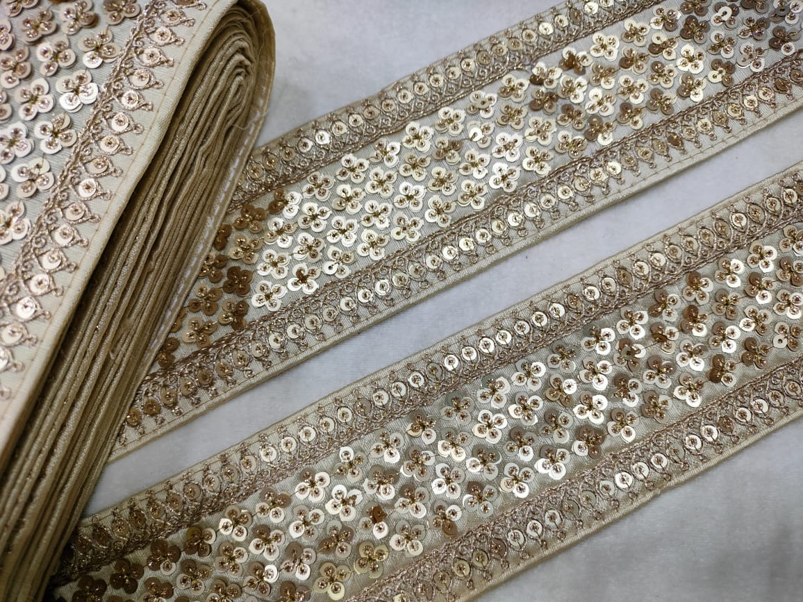 Cream & Golden Sequins Lace Border